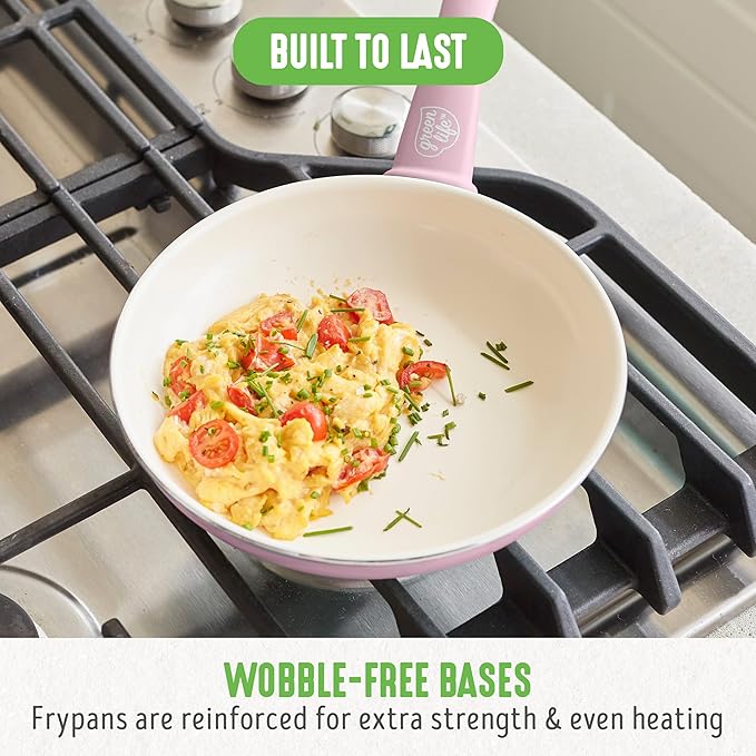 GreenLife Non Stick Fry Pan Set (7" & 10"), Non-Toxic PFAS-Free Ceramic Skillets, Dishwasher & Oven Safe, Egg Omelet Frying Pans, Stay- Cool Handles, Kitchen Home Cooking Essentials, Pink