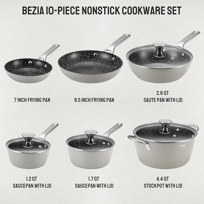 Induction Cookware Nonstick, BEZIA Pots and Pans Set for Induction Cooktop, Compatible with All Stoves, Dishwasher Safe Kitchen Cooking Pan Set with Frying Pans, Saucepans & Stockpot, 10-Piece (Grey)