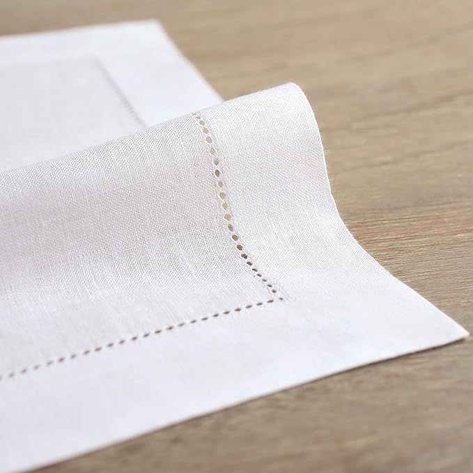 Solino Home Linen Cloth Placemats Set of 6-100% Pure Linen Hemstitch White Placemats 14 x 19 Inch - Classic Hemstitch Table Place Mats for Fall, Autumn, Winter, Thanksgiving, Christmas, Holiday