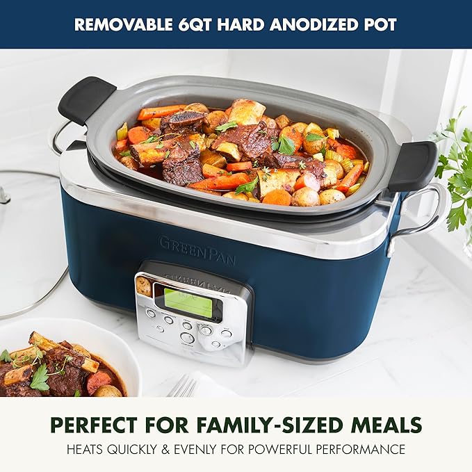 GreenPan Elite 8-in-1 Programmable 6QT Electric Slow Cooker,Dishwasher Safe Lid & Removable Crock, PFAS-Free Healthy Ceramic Nonstick Multi-Cooker,Sear, Sauté,Brown,Steam Basket,Roast, Oxford Blue