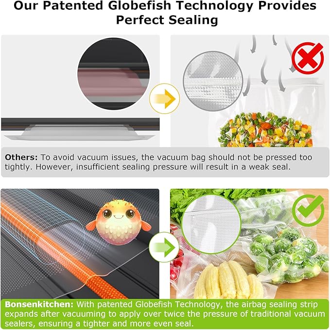 Bonsenkitchen Vacuum Sealer Machine, Powerful Low-Noise Food Vacuum Sealer, Globefish Technology for High-Speed Continuous Working (Full Silver)