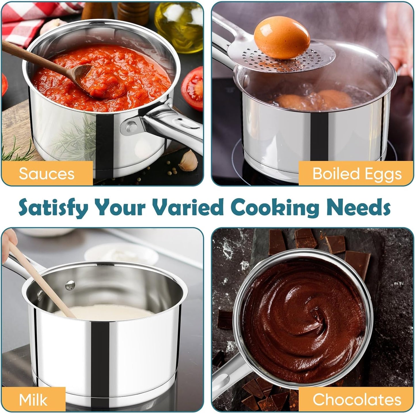 P&P CHEF 1 Quart Saucepan with Lid Set, Stainless Steel Small Cooking Pot Induction Sauce Pan for Pasta Soup, Ergonomic Handle & Tri-ply Base, Dishwasher Safe, 1 Pan