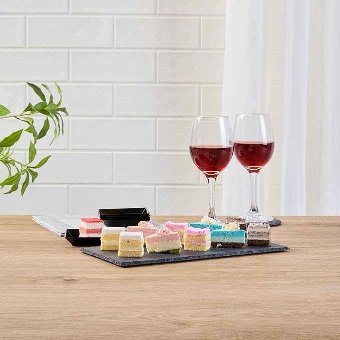 Restaurantware Slate Serving Trays 4 Pack of 11.8" x 6" Foam Feet Charcuterie Stone Plates Rustic Edges Freezable Black Serving Display Cheese Boards for Kitchen, Gourmet, Dining, Parties