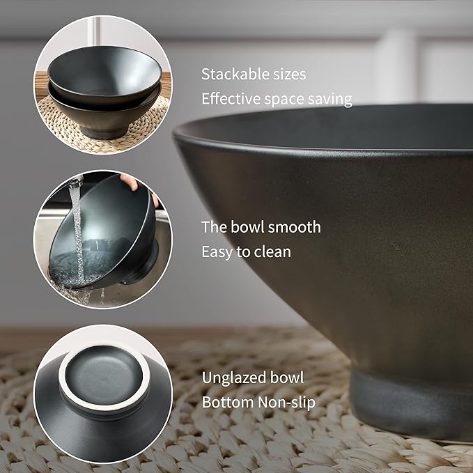Ceramic Japanese Ramen Bowl Set, 8 Inch Large Noodle Bowl Set of 2, Dishwasher Safe for Asian Pho Udon Soba Noodle, Salad Pasta, Deep Soup Bowls, Black Reactive Metallic Color