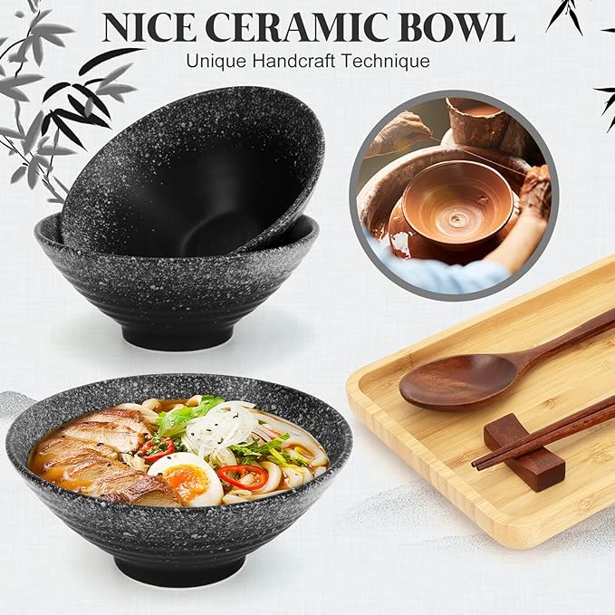 8 Inch Japanese Ramen Bowl Set, Ceramic Pho Bowls and Spoons Set of 2 with Chopsticks and Spoon for Ramen Soup Pho Udon Asian Noodles, Black