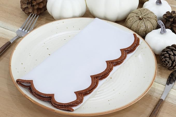PurpleEssences Rust Scalloped Embroidery Cloth Napkins Christmas Holiday Winter Table Decor 100% Cotton Set of 4-18 x 18 inch - White - Edges - Rust