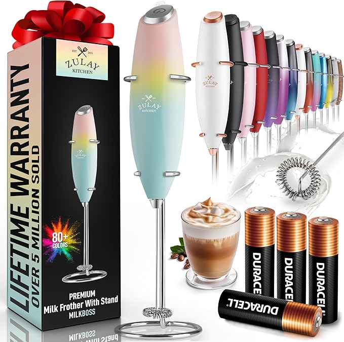 Zulay Kitchen Powerful Milk Frother Wand With 4 AA Duracell Batteries - Ultra Fast Handheld Drink Mixer - Electric Whisk Foam Maker for Coffee, Lattes, Cappuccino, Matcha & Creamer -