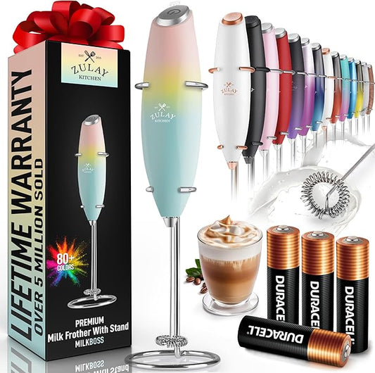 Zulay Kitchen Powerful Milk Frother Wand With 4 AA Duracell Batteries - Ultra Fast Handheld Drink Mixer - Electric Whisk Foam Maker for Coffee, Lattes, Cappuccino, Matcha & Creamer -