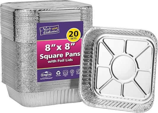 8x8 Aluminum Pans With Lids (20 Pack) 8 Inch Foil Pans With Covers - Cake Pans - Aluminum Square Pans With Lids - Disposable Food container - great For Cake Baking, Cooking, Freezing, Prepping Food