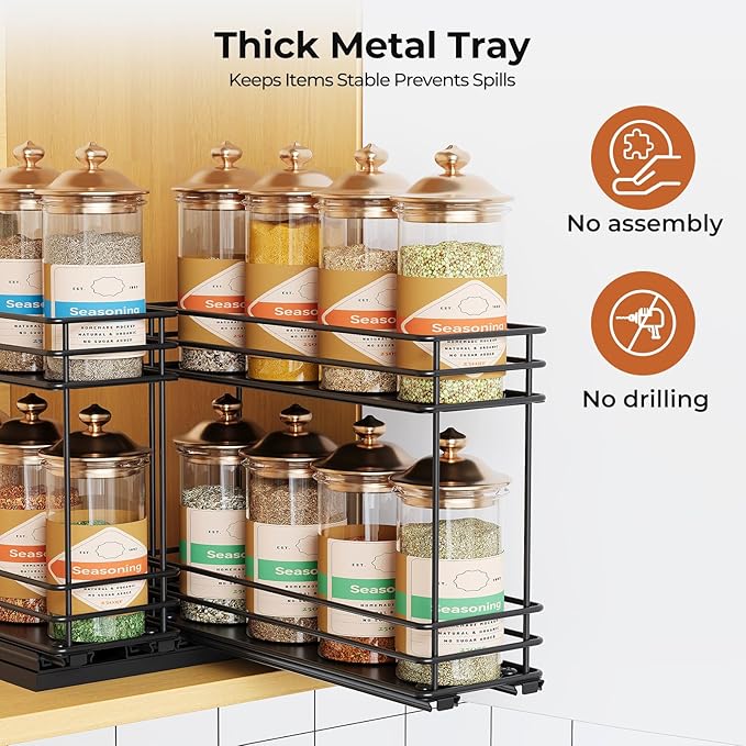 Pull Out Spice Rack Organizer for Cabinet, Slide Out Spice Racks, Easy to Install, 3.0''Wx10.35''Dx8.26''H, 2 Drawers 2 Tiers(Black)