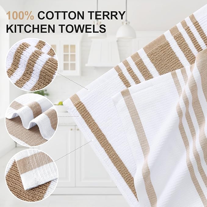 Homaxy Premium Kitchen Towels 18”x 28”, Large Cotton 380 GSM Kitchen Hand Towels, Stripe and Terry Dish Towel, Highly Absorbent Tea Towel Set with Hanging Loop, 6 Pack, Khaki