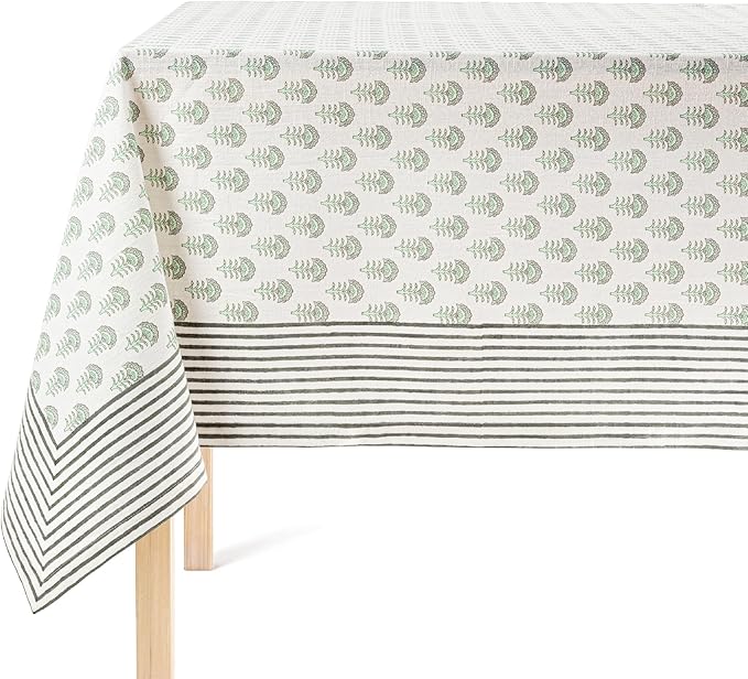over&back Hand-Screened Tablecloth - Dining Table Cover - Each Tablecloth is Unique - 100% Cotton - Machine Washable - Kitchen and Home Decor - Green Flower - 70x90