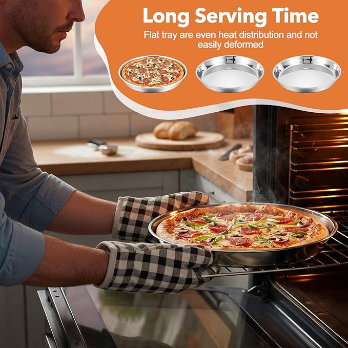 3 Pcs Deep Pizza Pans, 16" Stainless Steel Pizza Tray for Oven Reusable Round Kitchen Baking Cooking Pan Home Restaurant Safe Bakeware for Serving Displaying Cookie Cakes Pies, Dishwasher Safe