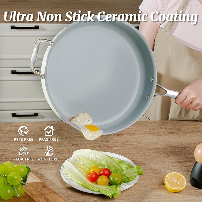 Nonstick Sauté Pan with Lid 5 QT Deep Frying Pan with Stainless Steel Helper Handle 12 inch Large Skillet Ceramic Jumbo Cooker for Healthy Cooking, Induction Compatible Cookware, PFOA Free