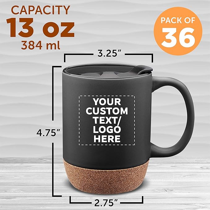 Custom Barista Ceramic Mugs with Cork Bottom 13 oz. Set of 36, Personalized Bulk Pack - Perfect for Coffee, Tea, Espresso, Hot Cocoa, Other Beverages - Black