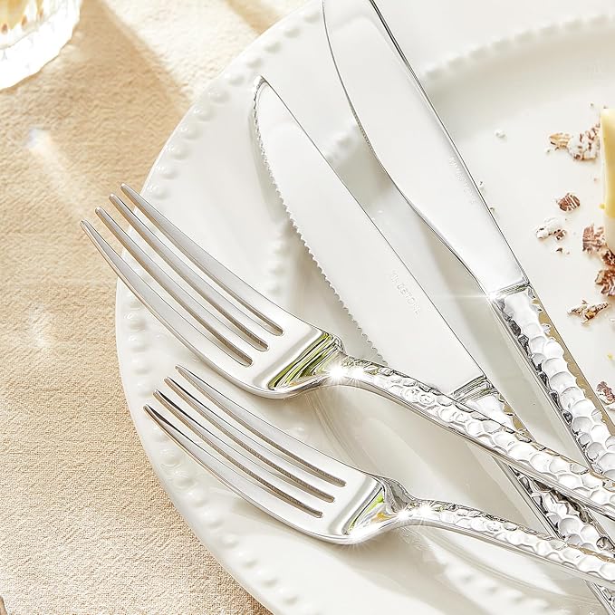 KINGSTONE 24 Piece Silverware Set with Steak Knives, Hammered Silverware Set for 4, 18/10 Stainless Steel Flatware, Cutlery Set for Home, Party, Wedding, Mirror Polished Dishwasher Safe