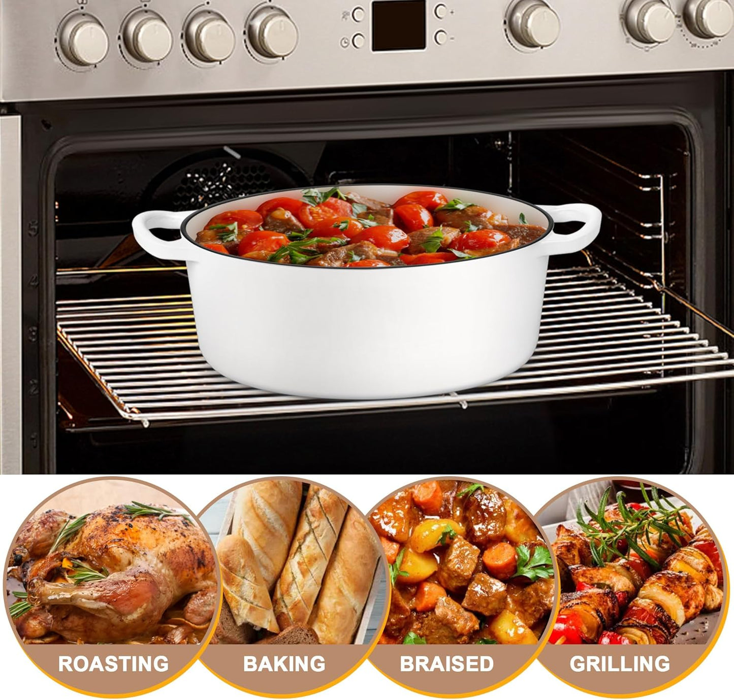 E-far 5QT Oval Dutch Oven Pot with Lid, Enameled Cast Iron Dutch Oven with Dual Handles for Sourdough Bread Baking Cooking, Nonstick Enamel Coated Cookware(White), Non-Toxic & Easy Clean