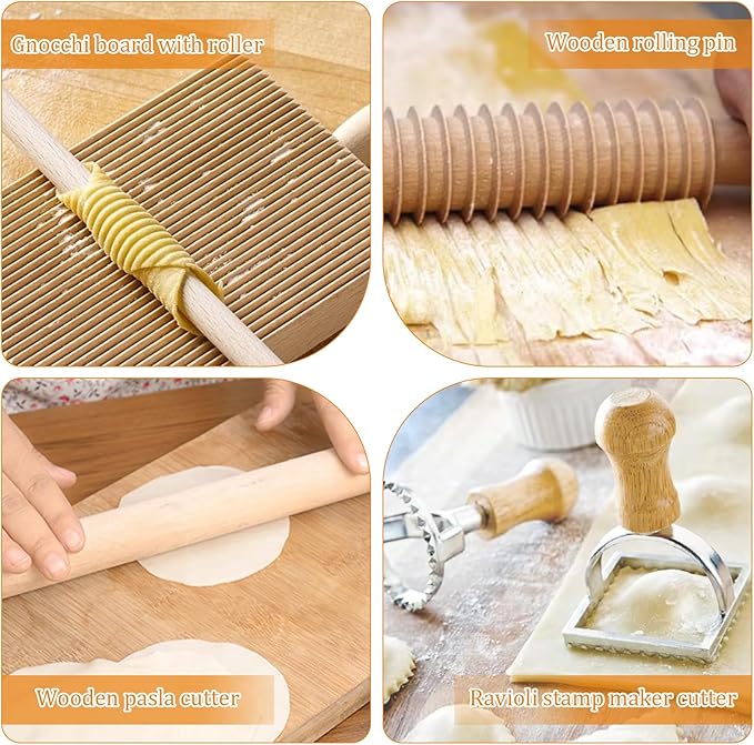 7 Pcs Wooden Pasta Maker Set, Gnocchi Board, Ravioli Stamp, Rolling Pin Kit with Pasta Cutter Wheel Tools for Homemade Gnocchi, Ravioli, Lasagna, Pierogi