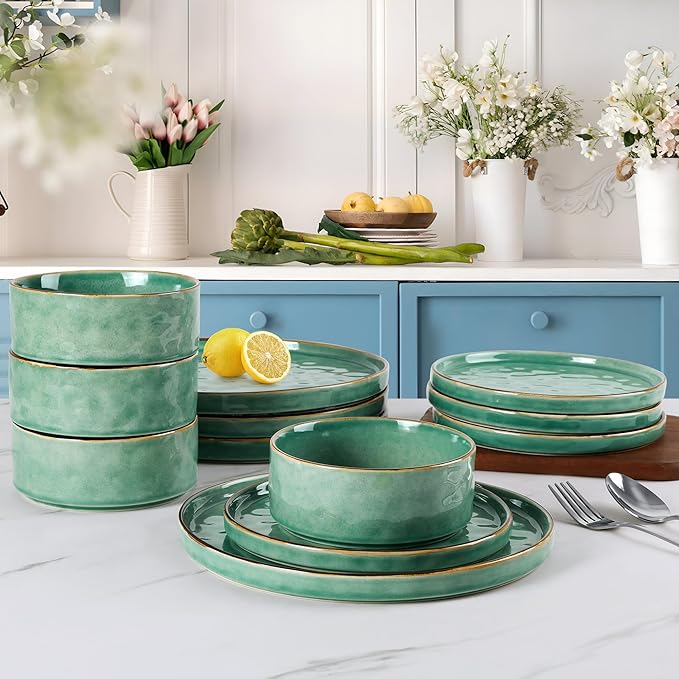 LIANYU Dinnerware Sets for 6, 18 Piece Plates and Bowls Dish Set, Ceramic Dinner Ware Dishware for Kitchen Dining, Microwave & Dishwasher Safe, Emerald Green