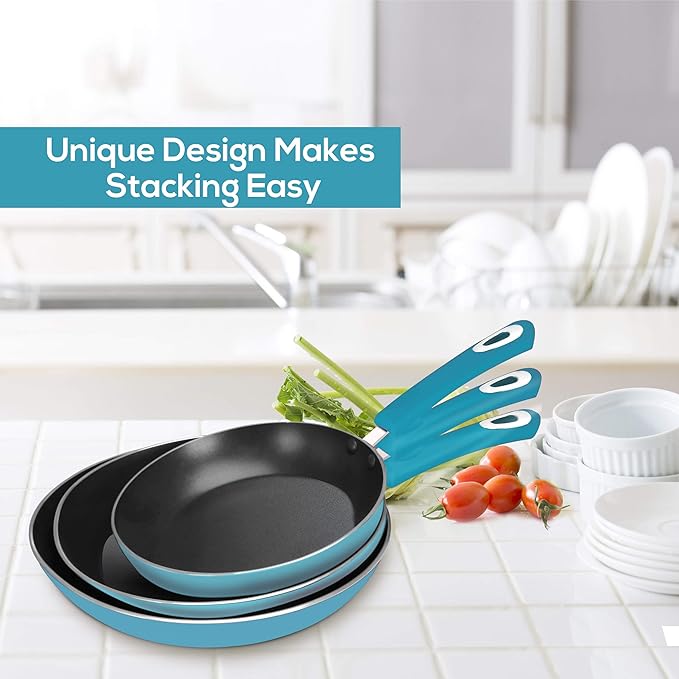 Utopia Kitchen Nonstick Cookware 3 Piece Set, Non-Stick Frying Pans with Induction Bottom, 8, 9.5 & 11 Inches Frying Pans with Bakelite Handles, PFOA Free, Turquoise & Black