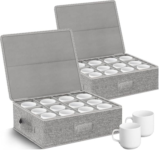 Coffee Mug Storage Box 2 Pack with Dividers, China Storage Containers Organizer Moving Supplies, Hard Shell & Stackable for Coffee Mugs, Tea Cups w/Sturdy Lid & Handles, 24 Compartments, Grey