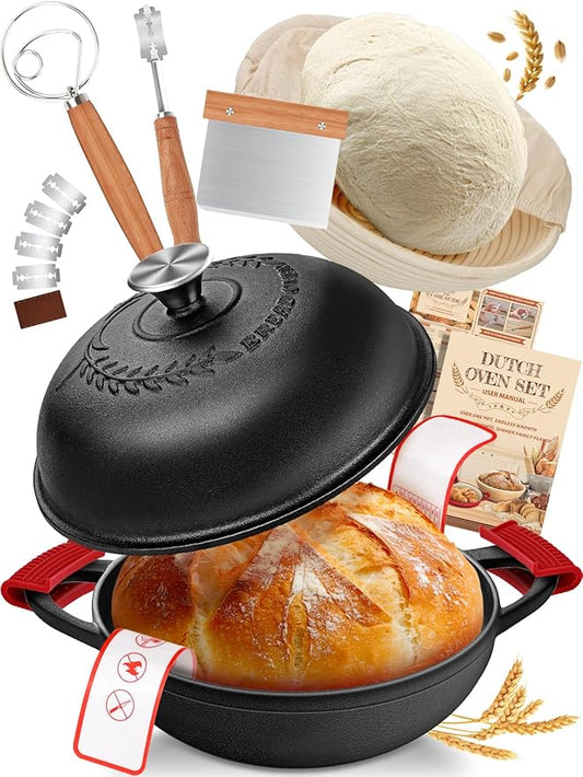 Dutch Oven Bread Baking Pot with Lid 6QT Cast Iron Design & Complete Sourdough Kit (Banneton Basket, Dough Tools, Silicone Sling) for Artisan Bread Making