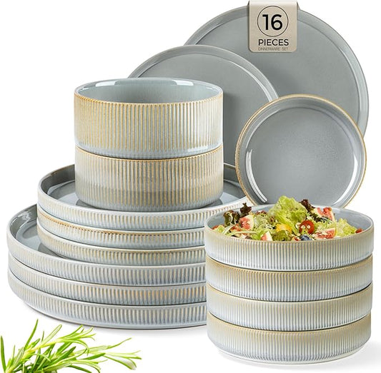 TheTerra Ceramic Dinnerware Sets with Pasta Bowls for 4, 16 Pieces Porcelain Lightweight Plates and Bowls Sets, Scratch Resistant Dish Set, Oven & Microwave & Dishwasher Safe, Desert Sage