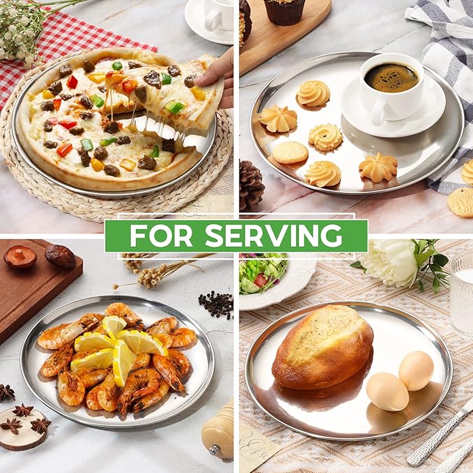 P&P CHEF 10 Inch Pizza Pan, Stainless Steel Round Pizza Tray Baking Pans, Pizzas Plate Serving Tray for Cookie Meat, Oven & Dishwasher Safe & Easy Cleaning, (Mirror Finish) - 8 Pieces