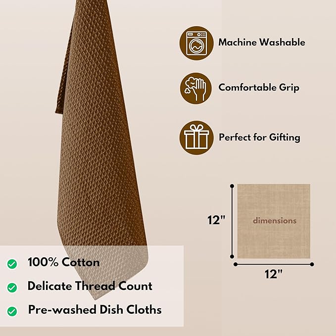 Native Fab 6 Pack Waffle Dish Cloths -100% Cotton, Absorbent, Quick Drying & Soft Towels for Cleaning, Cooking & Drying Dishes - Perfect for Home, Restaurants & Bars, 12" x 12" - Brown