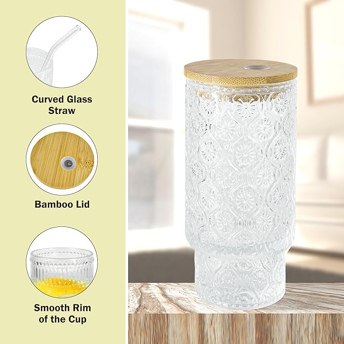 4 Pcs 16oz Drinking Glasses Cups Set with Bamboo Lids Straws Brush Begonia Vintage Glassware Set for Juice Iced Coffee Beer Cocktail Whiskey