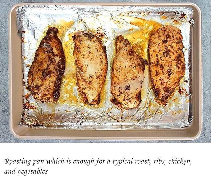 Kitcom Nonstick Roasting Pan for Baking, 13.4x9.4x2.4 Inch Cake Molds, Heavy Duty Rectangular Baking Pan for Oven, Champagne Gold