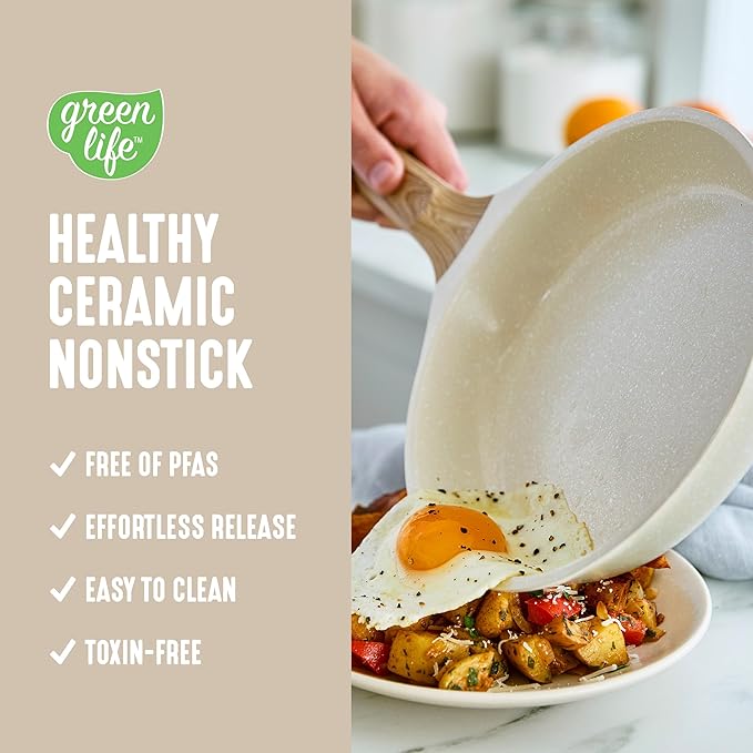GreenLife Nonstick 2 Piece Frying Pan Set, 9.5" & 11" Skillets Ceramic PFAS-Free Nontoxic, Induction Suitable, Wood Print Handles, Stay-Cool Handles, Deep Cooking Skillets, Egg Pan, Granite Cream