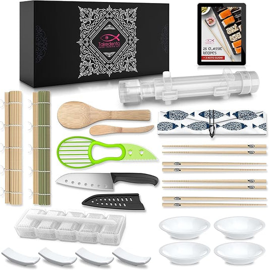 DIY Sushi Making Kit for Beginners – Transparent Sushi Bazooka – Food Grade Safe– Traditional Bamboo Sushi Rolling Mats – 23 Piece All You Need Sushi Making Kit