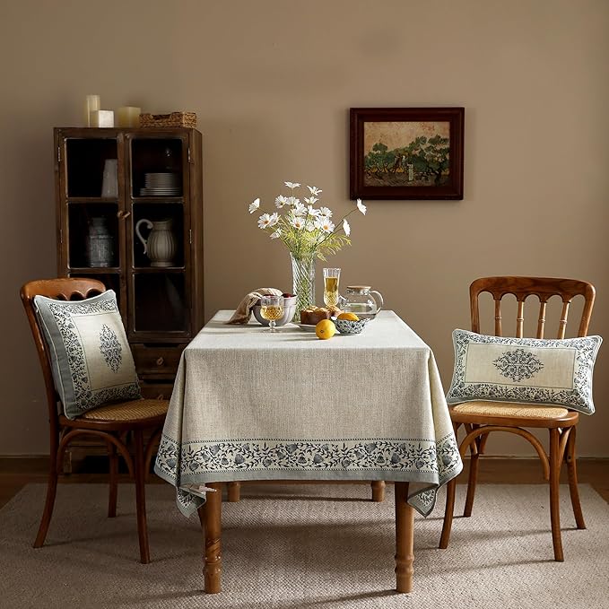 Floral Tablecloth for Rectangular Tables,Linen Table Cloth with Thorny Vine Flower Pattern,Heavy Durable Table Cover for Dining Thanksgiving Kitchen Decor Party Banquet Christmas,55"*71"