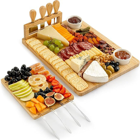 Zulay Kitchen Premium Bamboo Charcuterie Board Set - Extra Thick Bamboo with 4 Piece Knife Set - Perfect for Charcuterie, Wine and Cheese
