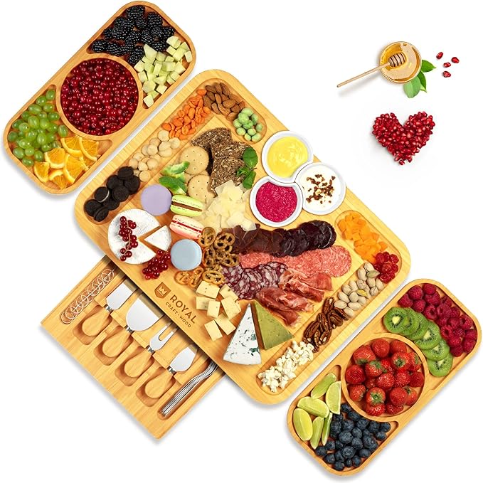 ROYAL CRAFT WOOD Bamboo Cheese Board and Knife Set with Charcuterie Board & Serving Tray with Appetizer Plates & Side Trays (17.5 x 13)