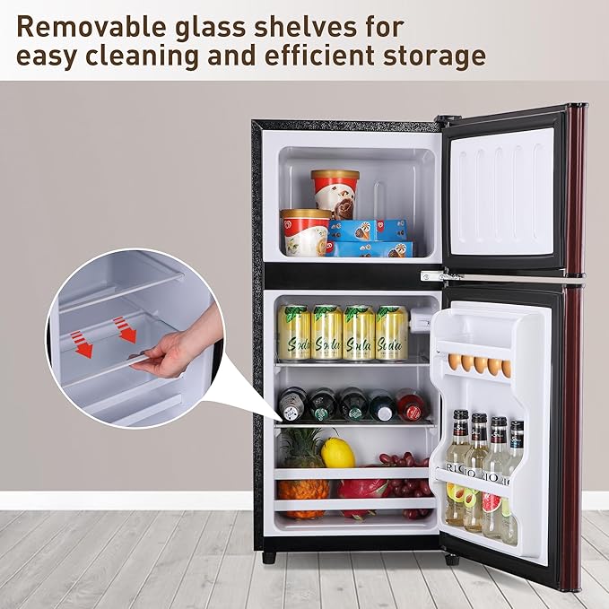 Mini Fridge with Freezer, 3.2 Cu. Ft. Double-Door Small Refrigerator with Adjustable 7-Level Thermostat & Separate Freezer, Dorm Fridge Compact for Kichen, RV, Office, Apartment, Wood