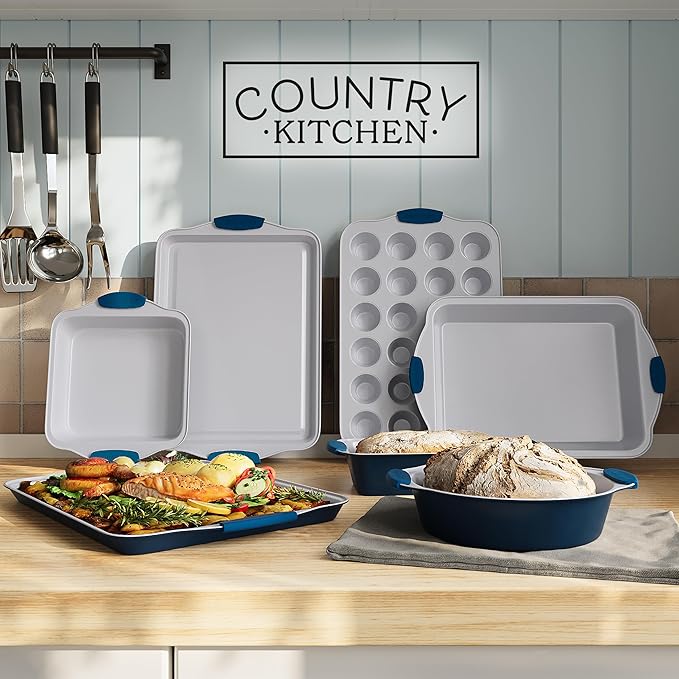 Country Kitchen Nonstick Stackable Bakeware Set - Heavy Duty, Durable, Easy Release Baking Set, Navy, 10 Pcs