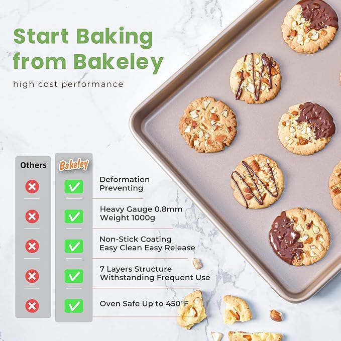 0.8mm 17-Inch Half Sheet Baking Pans,0.8mm Durable Non-Stick Carbon Steel Baking Sheet for Oven,Cookie Sheet Pan for Roasting Meat Bread Jelly Roll 17.52" x 11.73" x 0.91" (Champagne Gold)