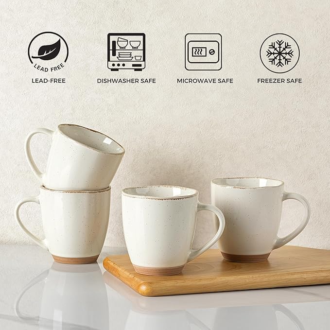 AmorArc 12oz Ceramic Coffee Mugs set of 4, Stylish Coffee Mugs with Rustic Terracotta Underside for Latte/Cappuccino/Milk/Cocoa, Dishwasher&Microwave Safe, Light Beige