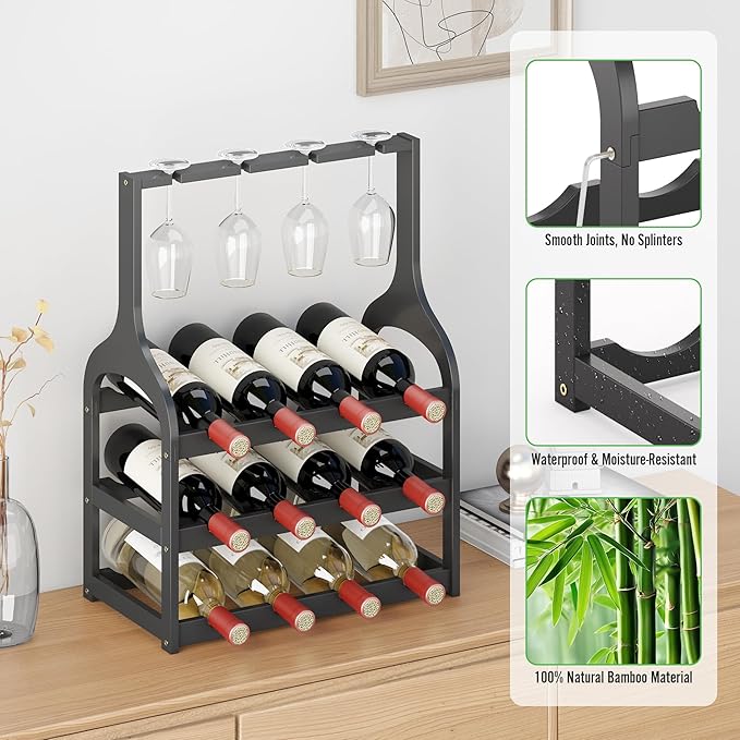 Wine Rack Countertop for 12 Wine Bottles and 4 Glass Holder, Small Bamboo Free Standing Racks Tabletop Display, Wooden Wine Storage Organizer for Cabinet Pantry Kitchen Bar Home Dining Room (Black)