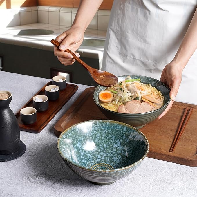 NUTRIUPS 8 Inch Ceramic Ramen Bowl Set of 2 Pho Bowls Japanese Noodle Udon Soup Bowls with Spoons and Chopsticks (Emerald)