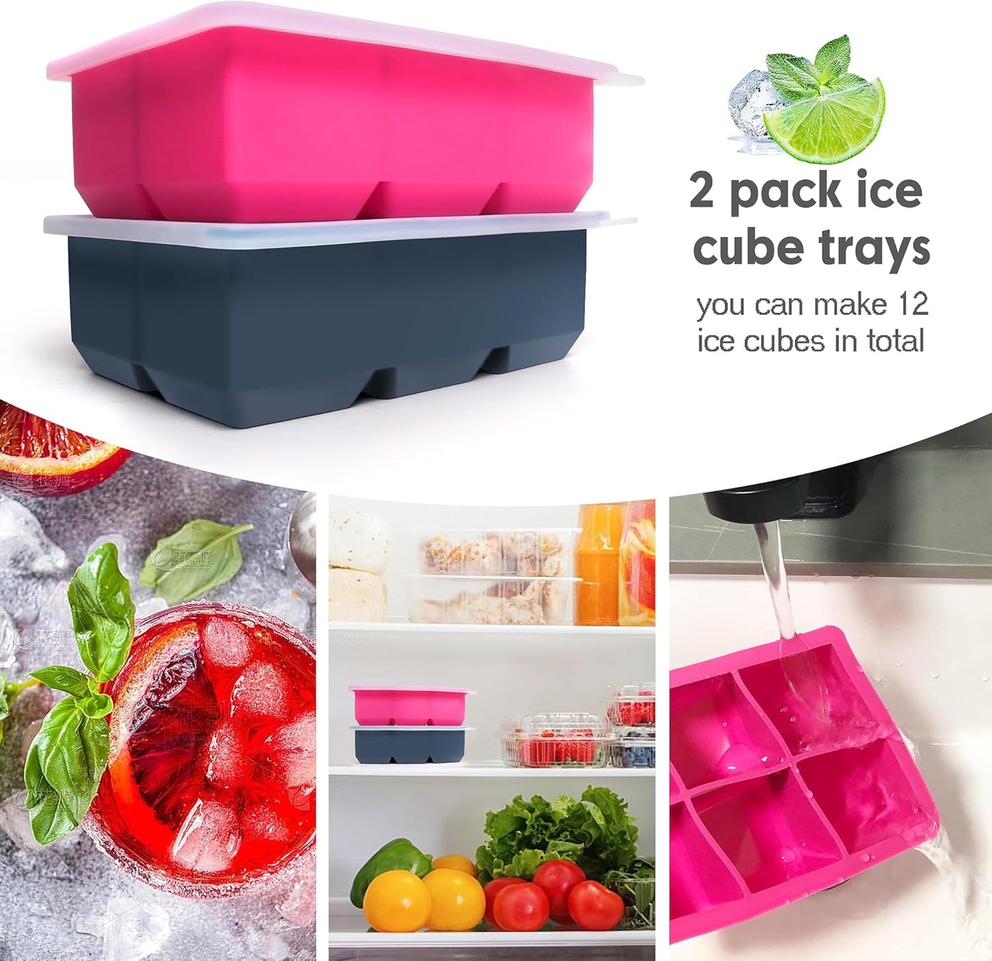 Silicone Ice Cube Trays with Lids,Large Square Ice Cube Molds for Freezer, Whiskey, Cocktail, Stackable Flexible and Reusable & Easy Release BPA Free (2 Pack&Dark Gray and Rose)