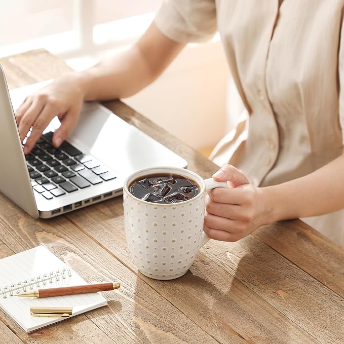 MALACASA LYDIA Coffee Mugs, 16 OZ Ceramic Mugs Set of 4 with Handle, Embossment Cups for Latte, Hot Tea, Cappuccino, Mocha, Cocoa, Dishwasher & Microwave Safe Gift Set, White