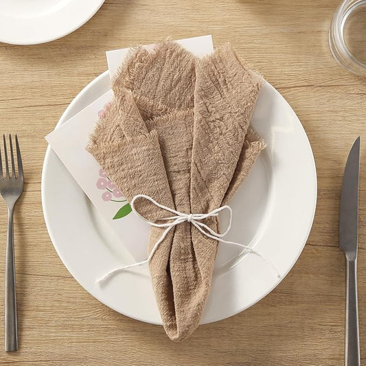 Handmade Cloth Napkins with Fringe, 100% Cotton Napkins, Delicate Handmade Linen Napkins for Dinners, Parties, Weddings and More, 17 x 17 Inch Set of 12 - Brown