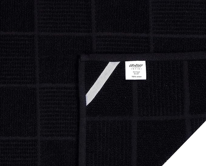 AMOUR INFINI Kitchen Towels Pack of 4 Absorbent, Quick Drying Premium Terry Cotton Dish Towel with Hanging Loop 16x28 Inch Hand & Tea Towels (Black)