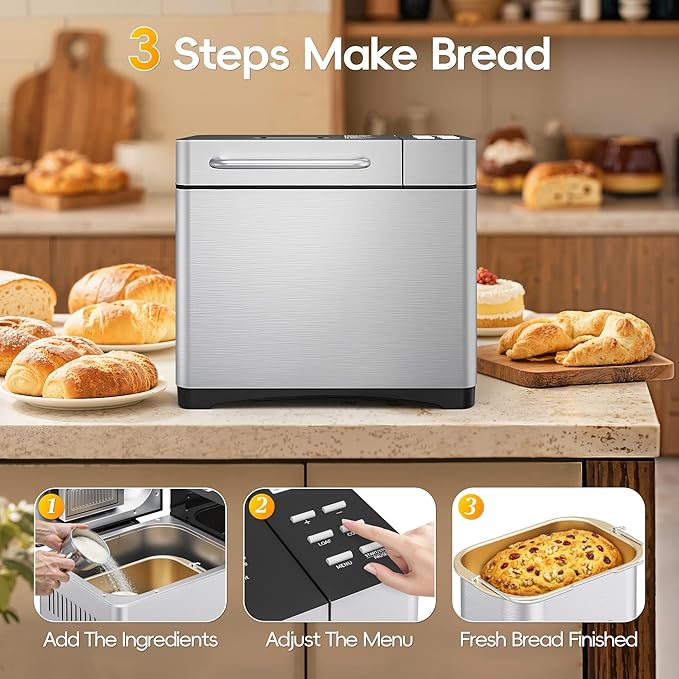 2LB & 1.5LB Bread Maker Machine, 19-in-1 Automatic with 3 Crust Colors, 3-Step Beginner-Friendly Operation, Keep Warm, Programmable Delay Timer for Homemade Bread, Silver