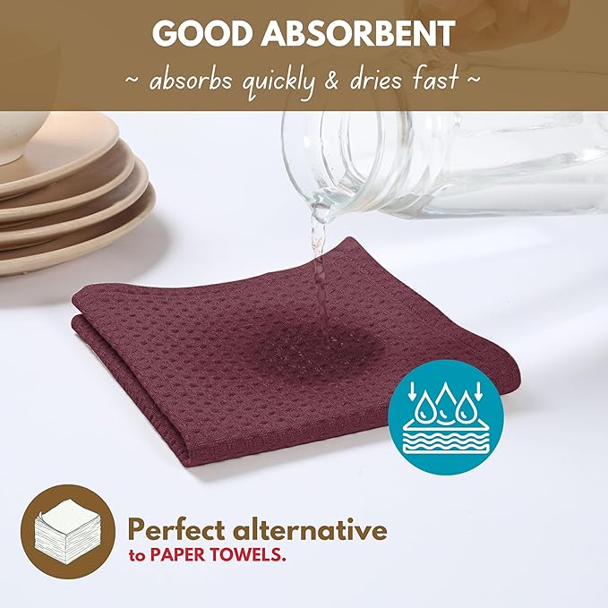 Native Fab Kitchen Towels & Dish Cloth Set, 100% Cotton, 8 Piece, Absorbent, Durable, Washable, Quick Drying Towel for Cleaning, Cooking, Baking - Ideal for Home, Bars & Everyday Use - Burgundy Wine