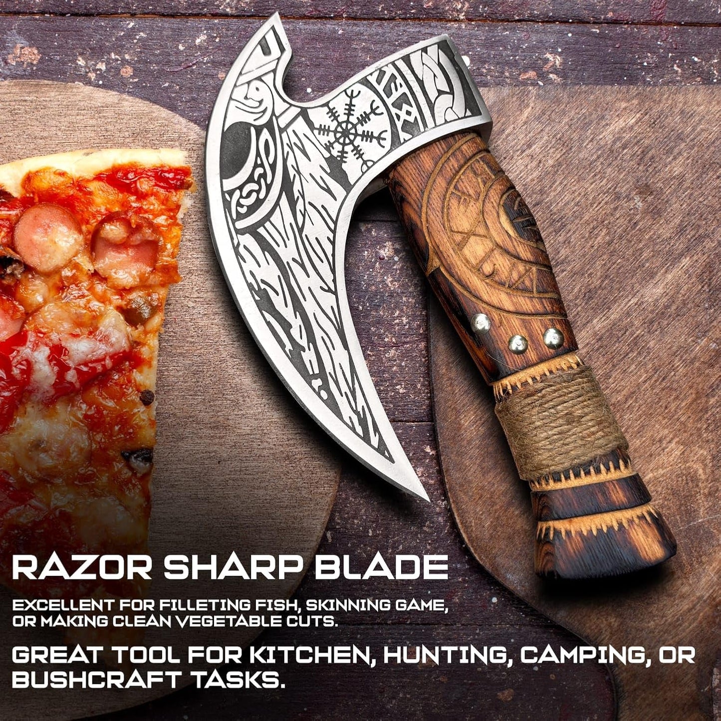 Viking Style Pizza Cutter – Handmade Ulu Rocker Knife with Engraved Norse Blade – Wooden Handle with Cord Wrap – Includes Leather Sheath