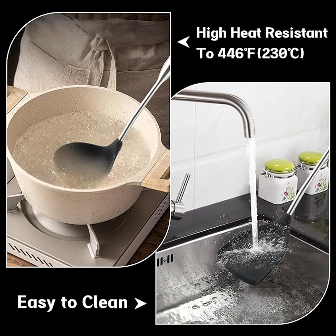 FJNATINH Silicone Wok Spatula,Turner,Ladle,Skimmer,Stainless Steel Wok Tools,Wok Utensil,Non Stick Heat-Resistant Cooking Utensils BPA Free Kitchen Utensils Cookware (Black Stainless Steel-4PCS)